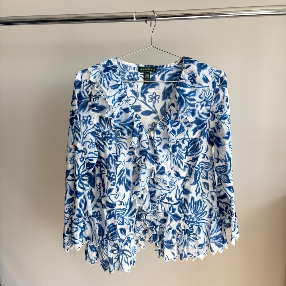 Vintage Lauren Jeans Co Ralph Lauren Blouse M Blue Floral Ruffle Coastal Cottage